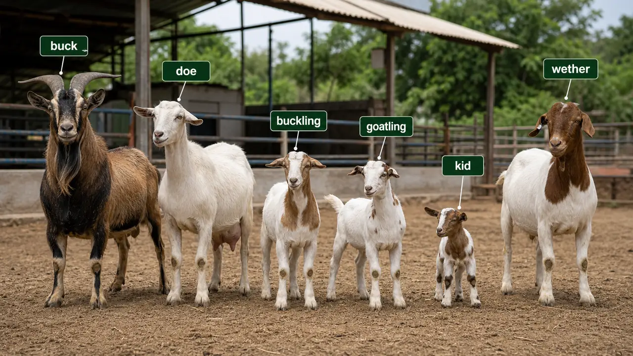 Goat nomenclature lineup showing buck, doe, buckling, goatling, kid, and wether in a farm setting