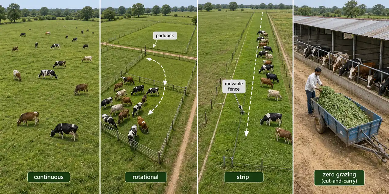 Comparison of continuous grazing, rotational grazing, strip grazing, and zero grazing in dairy fodder management