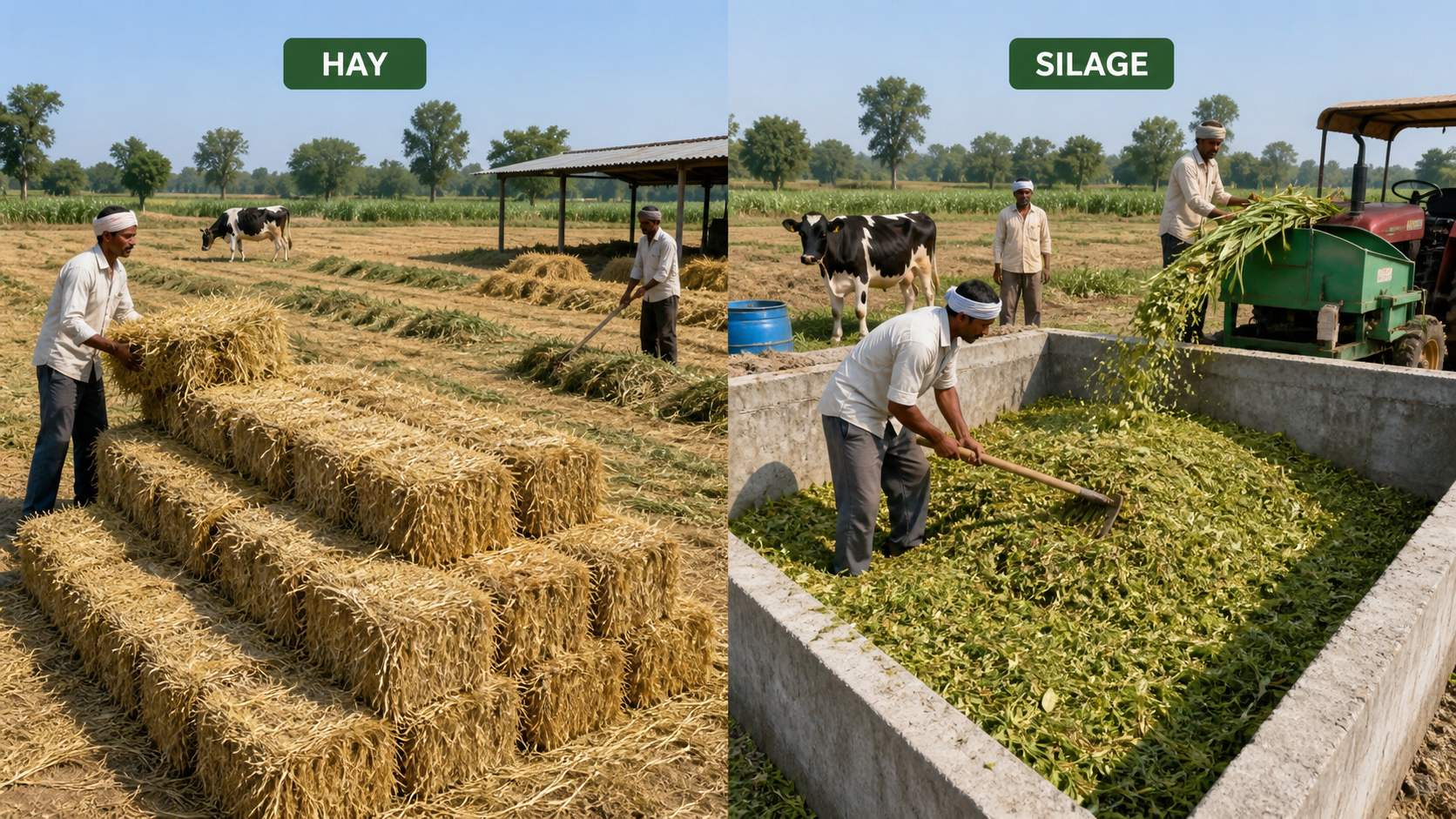 Comparison of hay as dried fodder and silage as chopped green fodder fermented in a pit