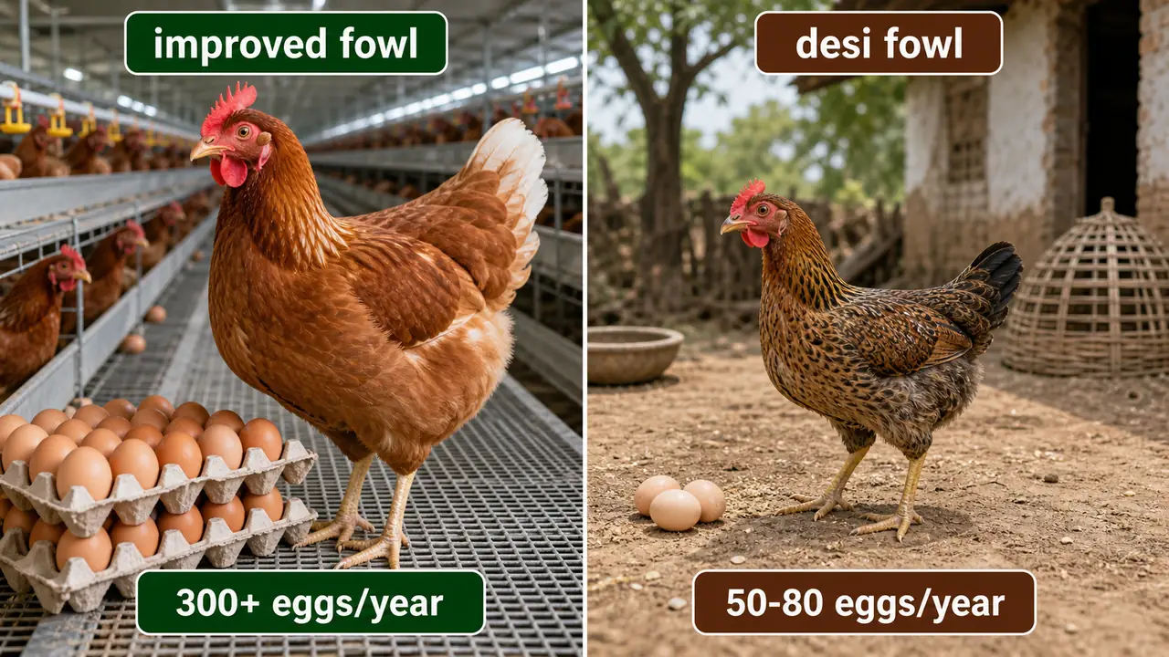 Improved fowl versus desi fowl comparison showing higher annual egg output in commercial layers than backyard hens