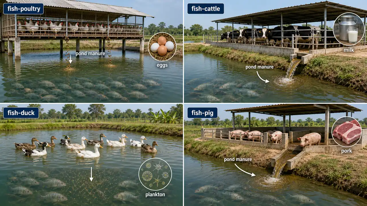 Integrated fish farming systems showing poultry, cattle, duck, and pig units linked with pond fertilization and fish production