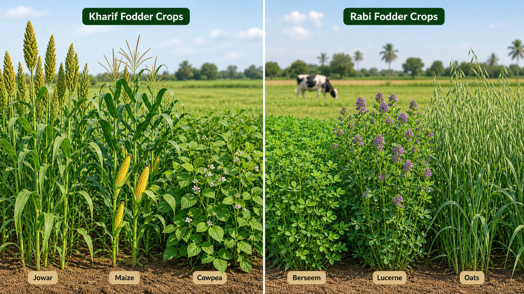 Comparison of kharif fodder crops jowar maize cowpea and rabi fodder crops berseem lucerne oats