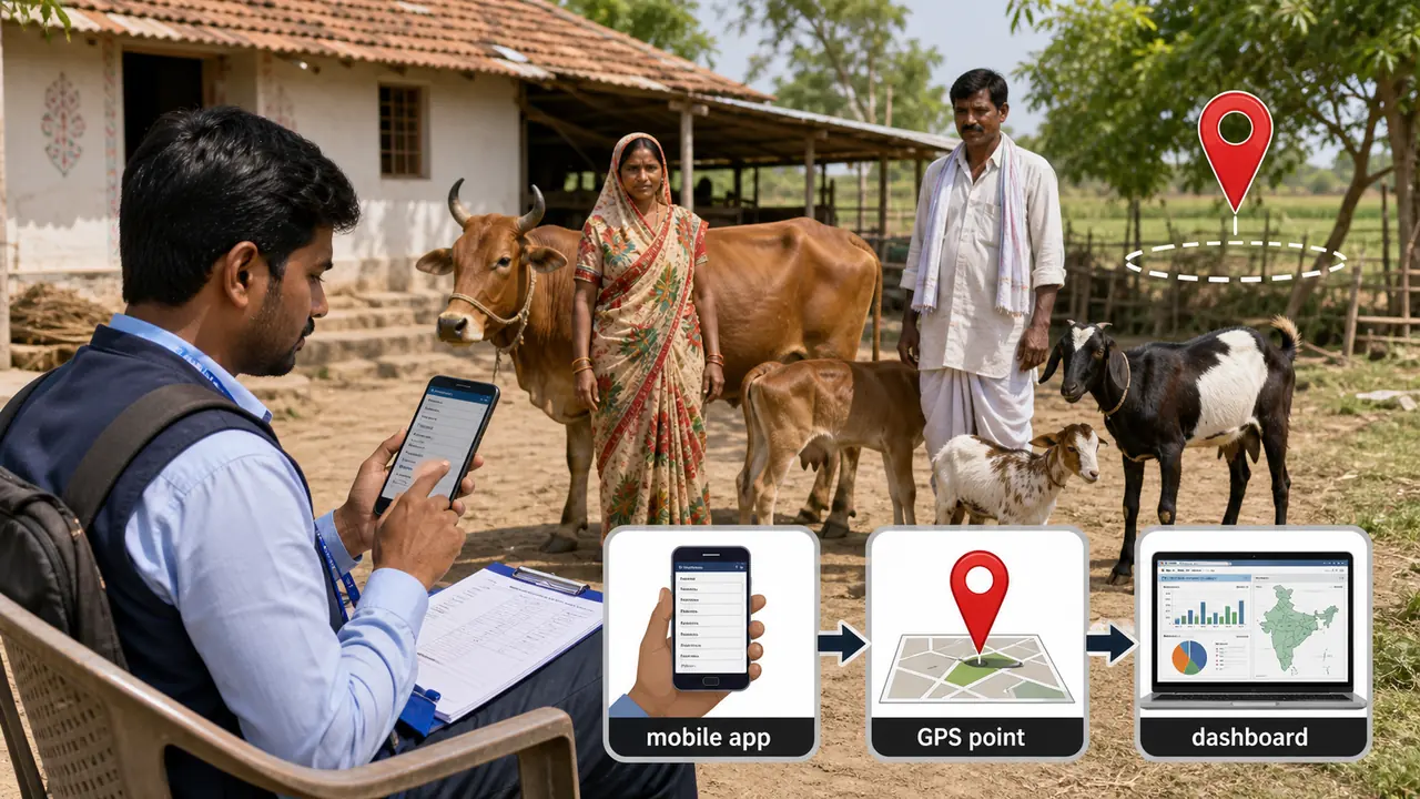 Digital livestock census field enumeration showing a rural enumerator using a mobile app with GPS point and dashboard flow