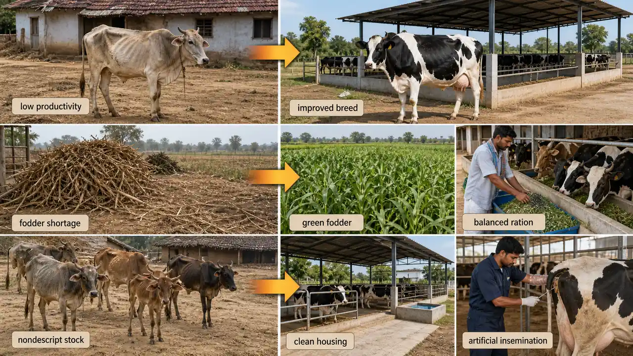 Comparison of major livestock sector problems such as low productivity and fodder shortage with solutions like improved breeds, green fodder, balanced ration, clean housing, and artificial insemination