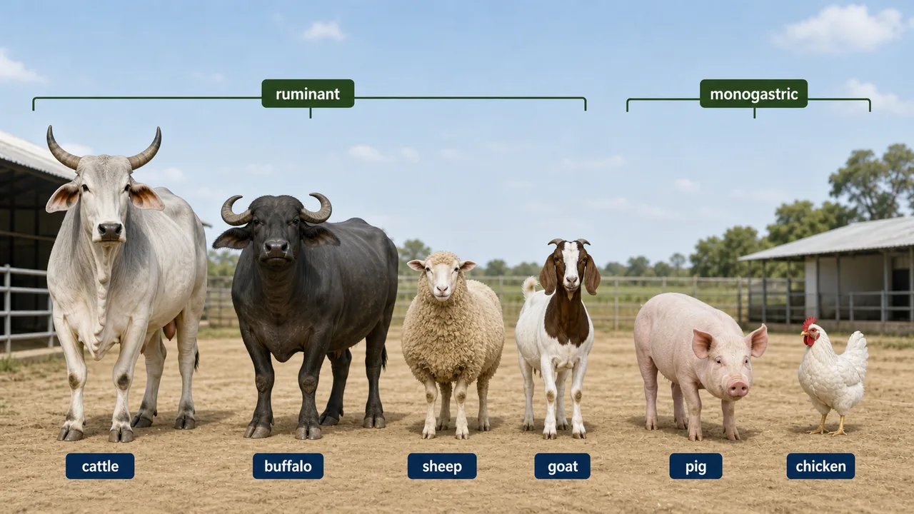 Six major animal husbandry species in India showing cattle, buffalo, sheep, goat, pig, and chicken grouped into ruminants and monogastrics