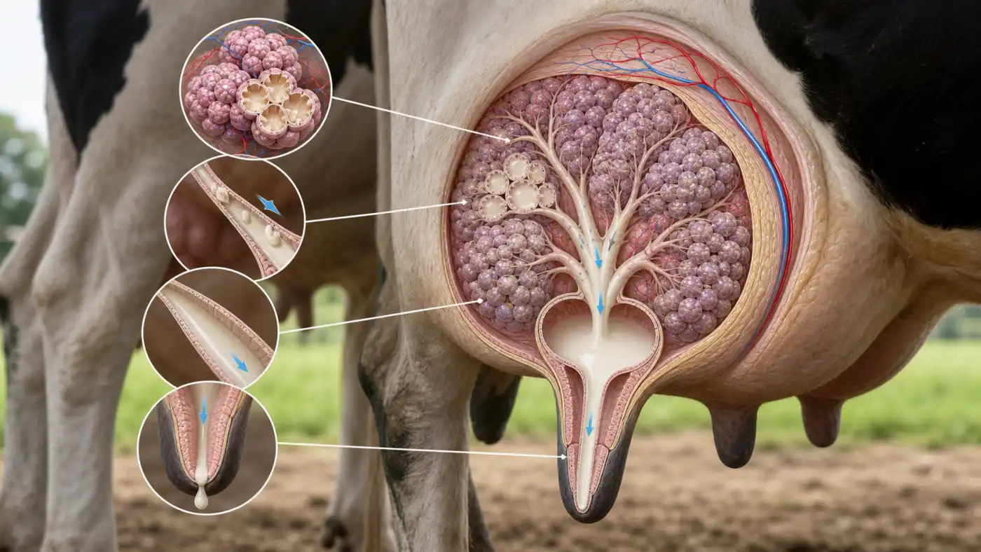 Cutaway view of a cow udder showing alveoli, milk ducts, cisterns, teat canal, and blood supply involved in milk secretion