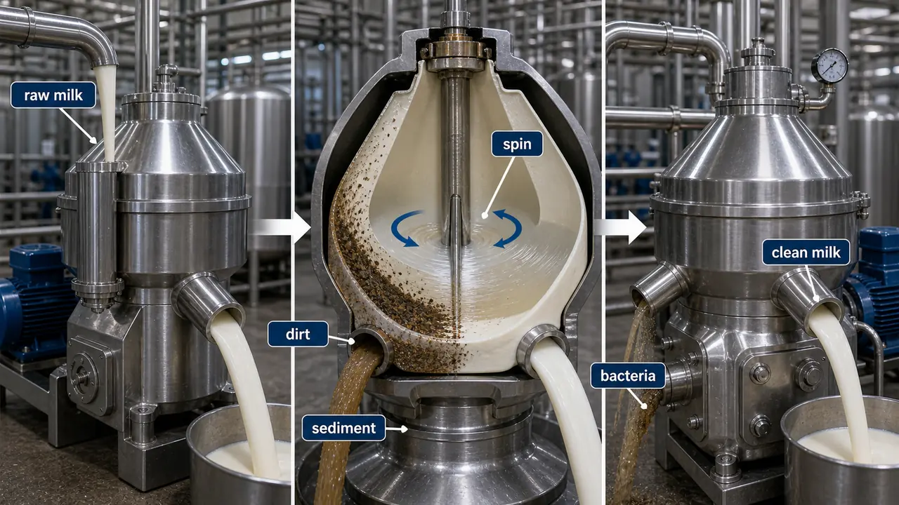 Industrial milk clarification and bactofugation process showing centrifugal separation of dirt and microbial load from raw milk
