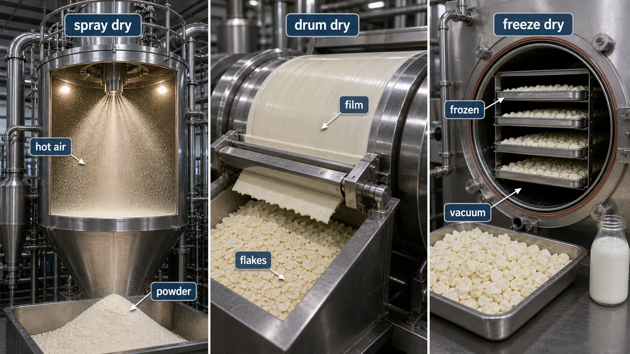 Three dairy dehydration methods showing spray drying tower, drum drying roller, and freeze drying chamber for milk solids