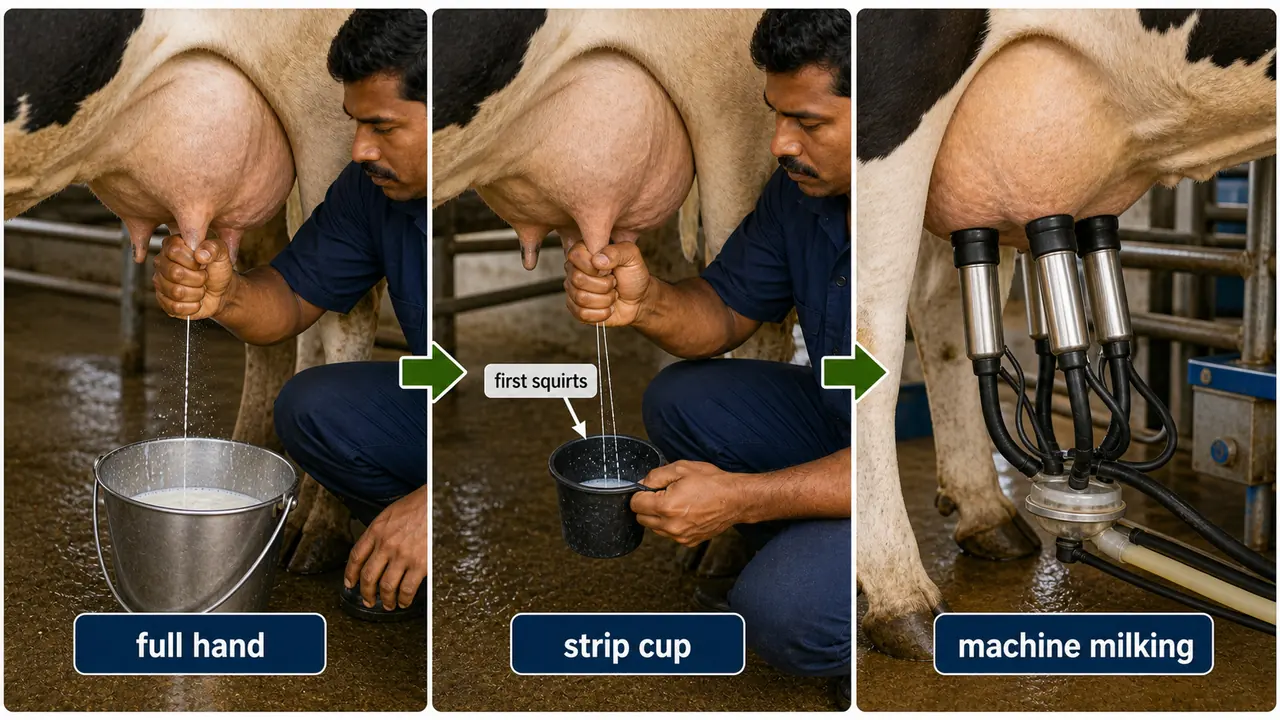 Comparison of full-hand milking, forestripping into a strip cup, and machine milking in dairy cattle