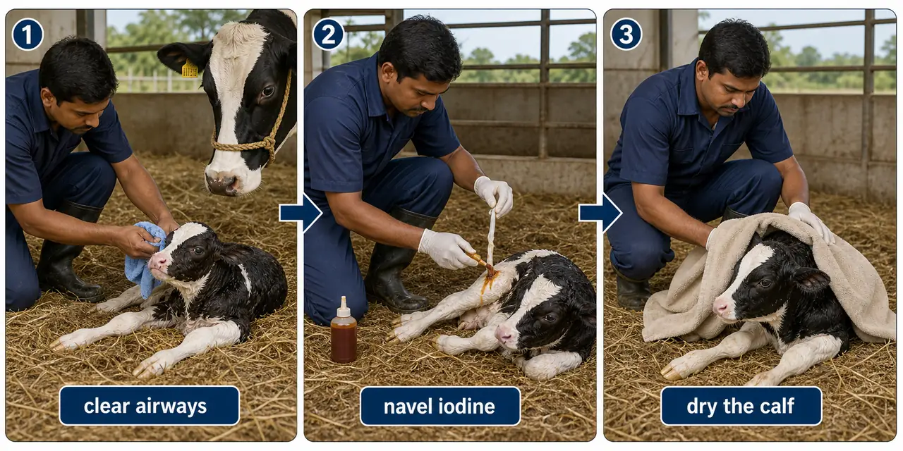 Three-step newborn calf care sequence showing airway clearing, navel iodine application, and drying the calf after birth