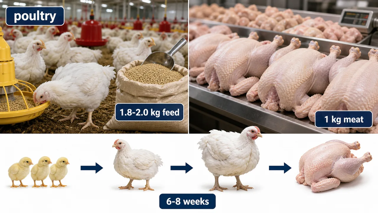 Poultry meat advantage showing efficient feed conversion and rapid broiler growth to market weight within six to eight weeks
