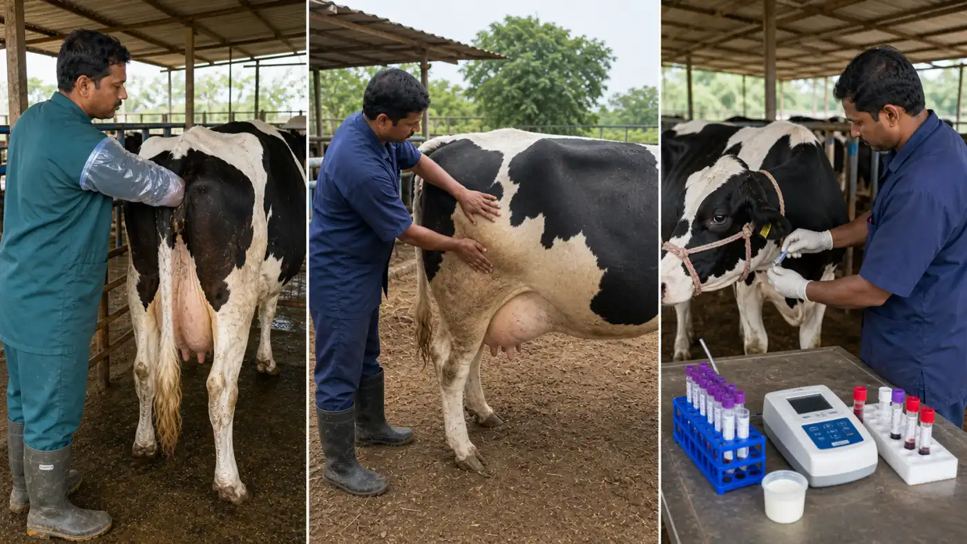 Pregnancy diagnosis methods in cattle showing rectal palpation, ballottement, and progesterone-based sample testing