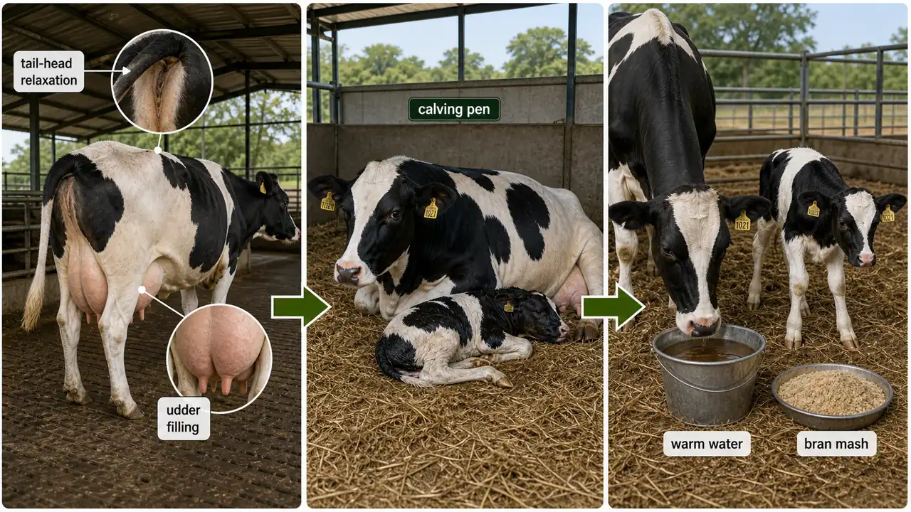 Pregnant dairy cow workflow showing udder filling and tail-head relaxation before calving, movement to calving pen, and warm water with bran mash after calving