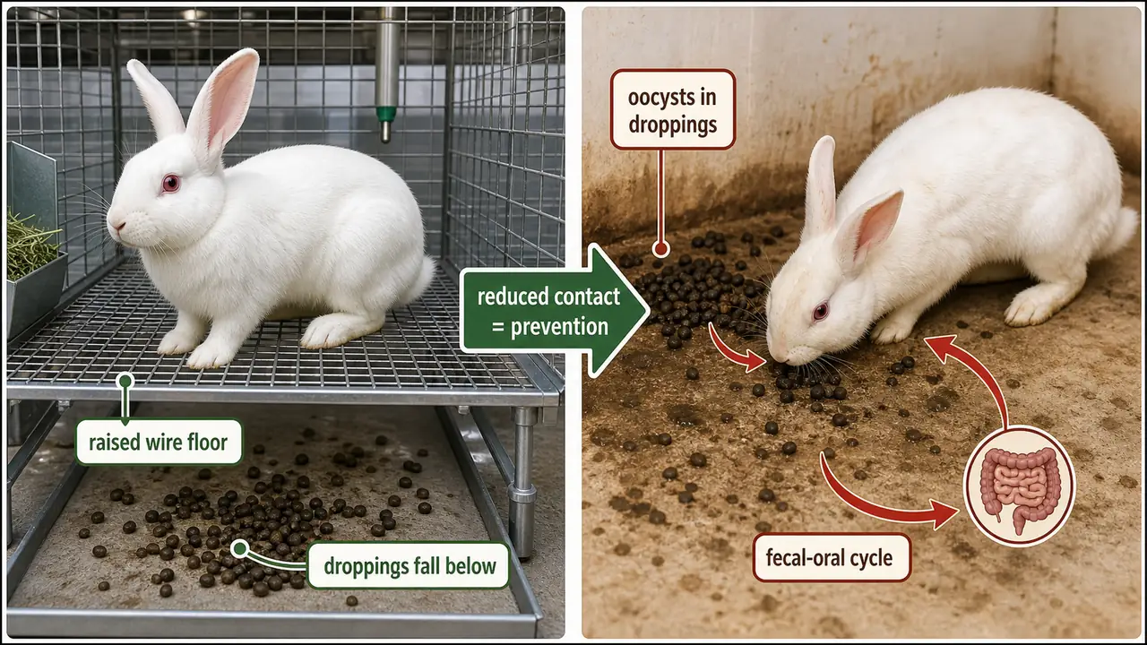 Rabbit coccidiosis prevention diagram showing raised wire-floor housing reducing contact with droppings and interrupting the fecal-oral cycle