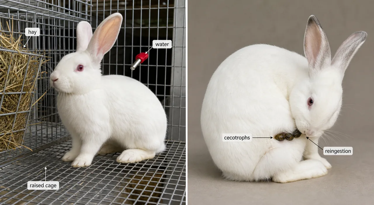 Rabbit farming visual showing raised wire-floor housing and cecotrophy by reingestion of soft caecotrophs