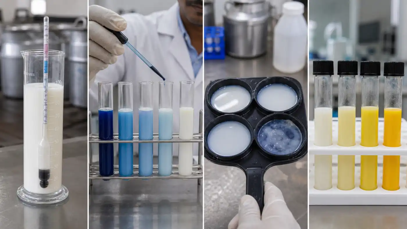 Practical raw milk quality workflow showing lactometer reading, methylene blue test, California mastitis paddle, and alkaline phosphatase tubes