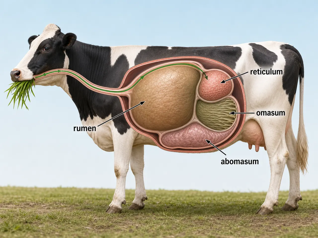 Ruminant digestive system in cattle showing feed entering through the mouth and esophagus into the rumen, reticulum, omasum and abomasum