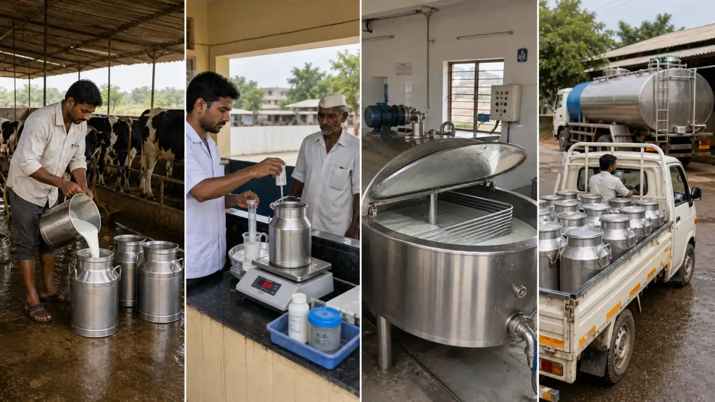Rural milk collection chain showing farm pouring, village testing, bulk chilling, and transport to the dairy plant