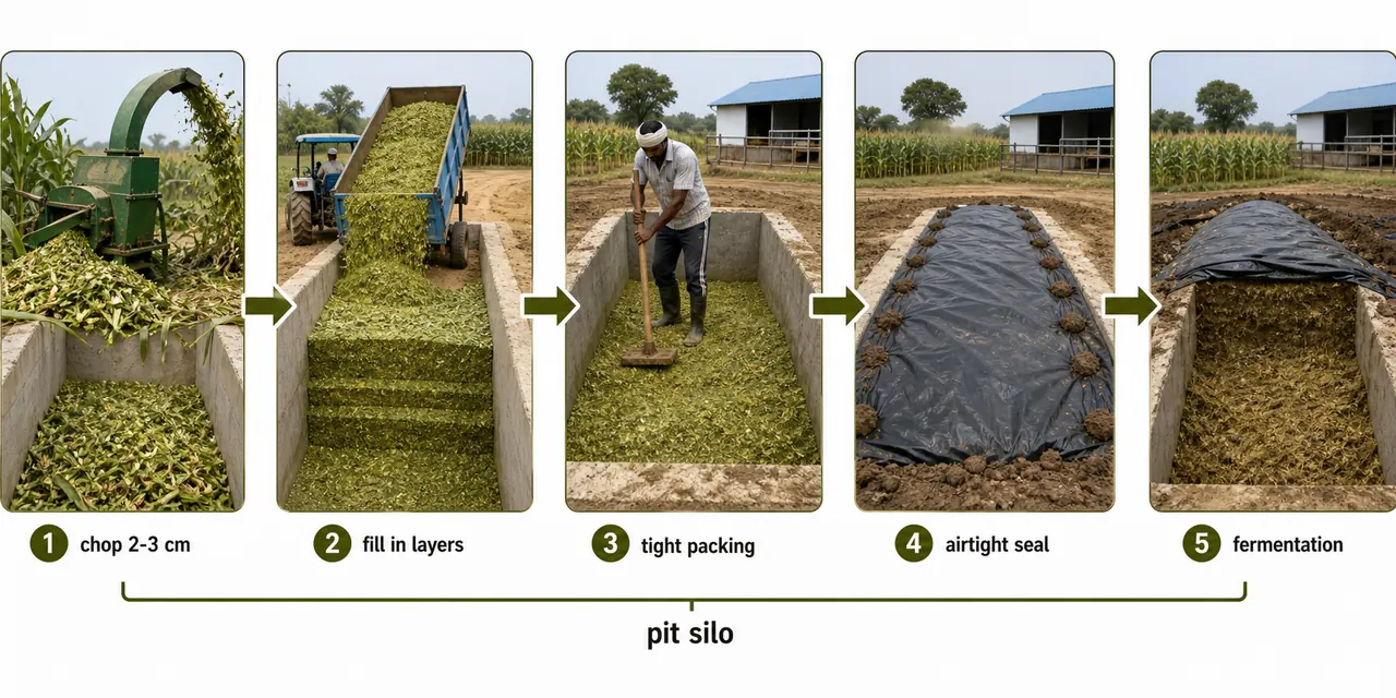 Pit silo silage making process showing chopped fodder, filling in layers, tight packing, airtight sealing, and fermentation