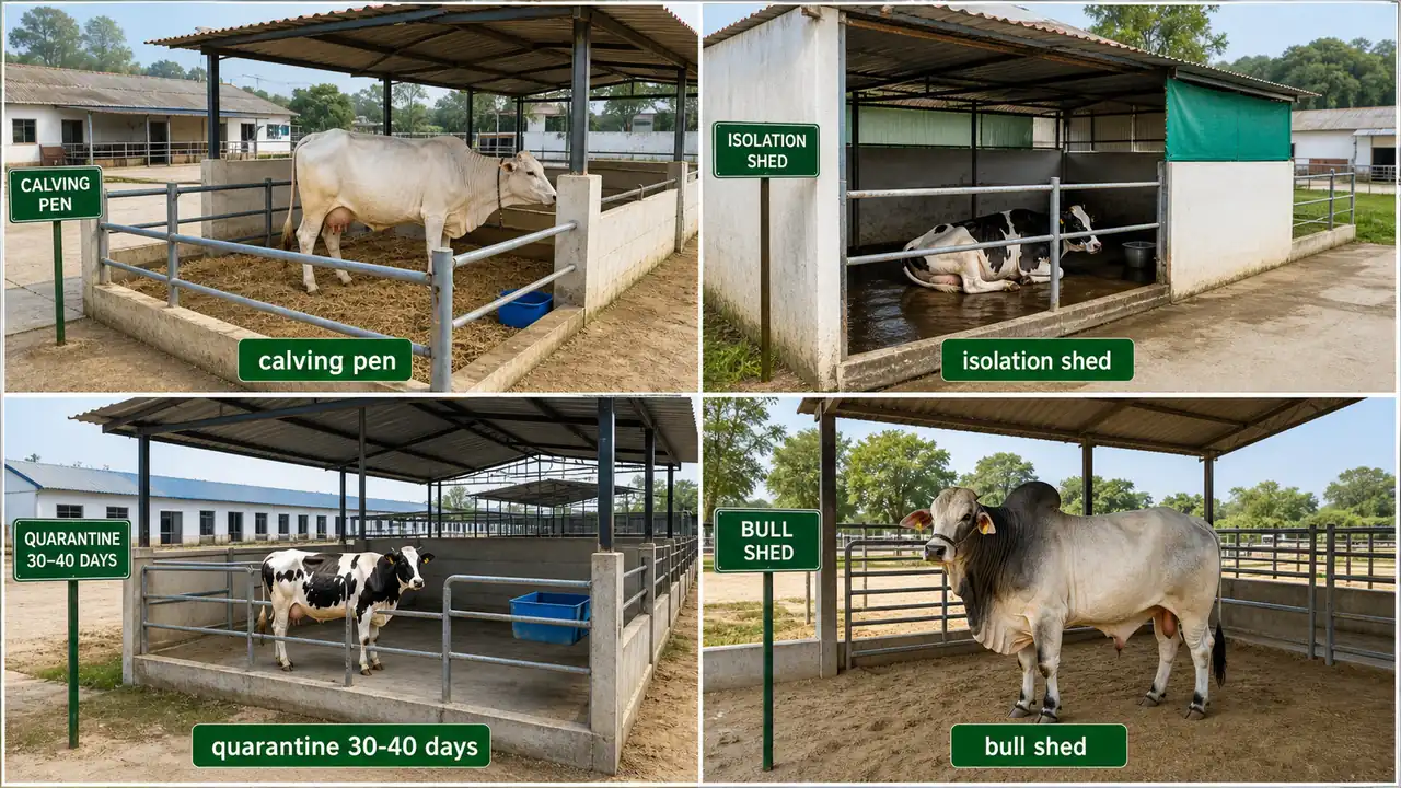 Dairy farm special sheds showing calving pen, isolation shed, quarantine shed, and individual bull shed