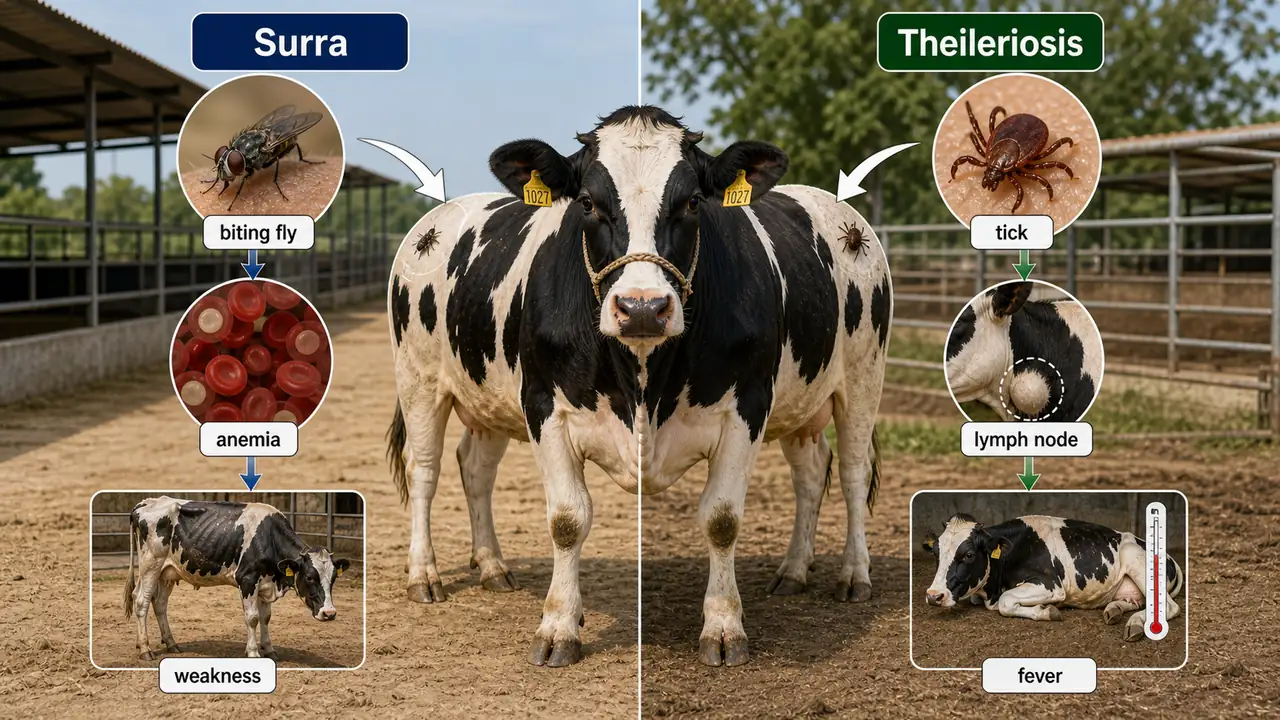 Surra and Theileriosis comparison showing biting fly transmission for Surra and tick transmission for Theileriosis in cattle