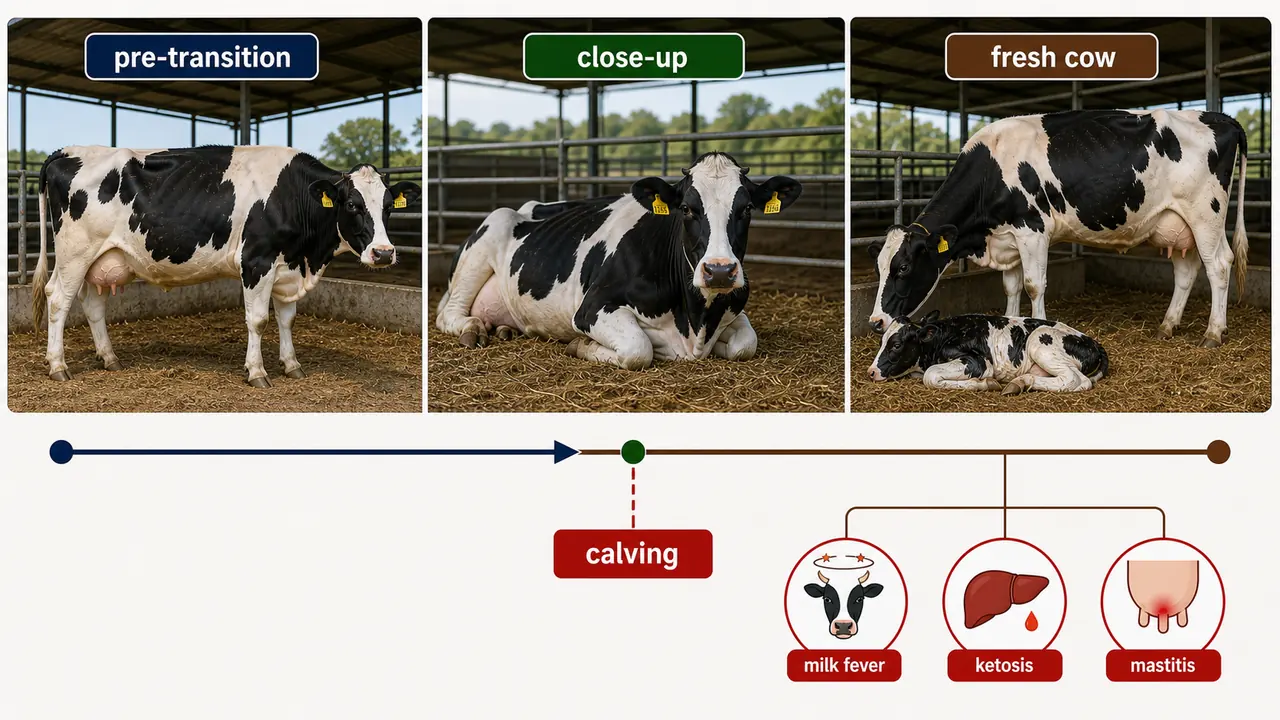 Dairy transition period timeline showing pre-transition, close-up, calving, fresh cow stage, and early risks of milk fever, ketosis, and mastitis
