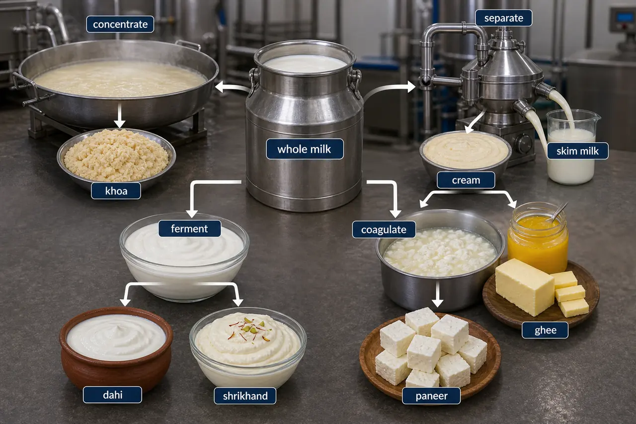 Visual pathway from whole milk to concentrated products, cream and butter, fermented products, and coagulated products like paneer
