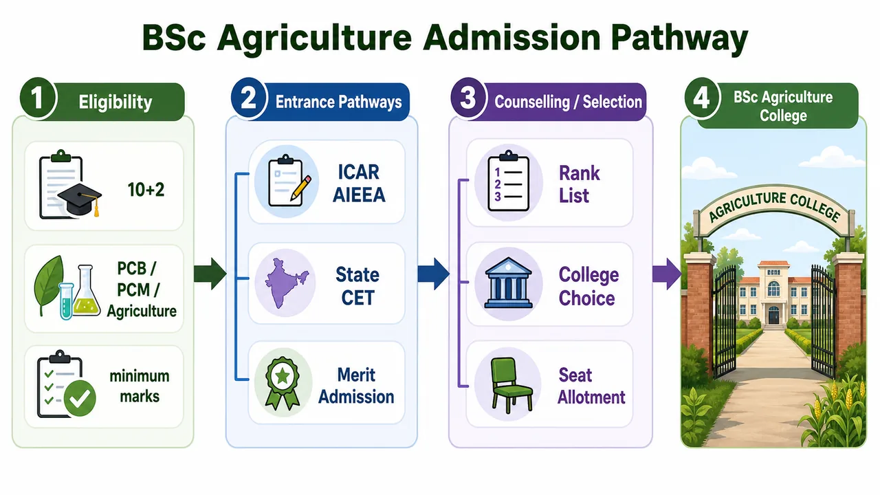 BSc Agriculture admission pathway showing eligibility, entrance routes, counselling, and final college admission