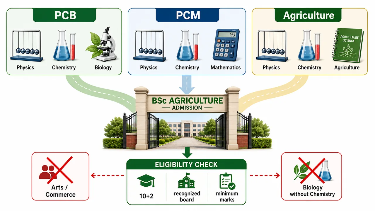 BSc Agriculture eligibility streams showing PCB, PCM, and Agriculture background accepted after Class 12