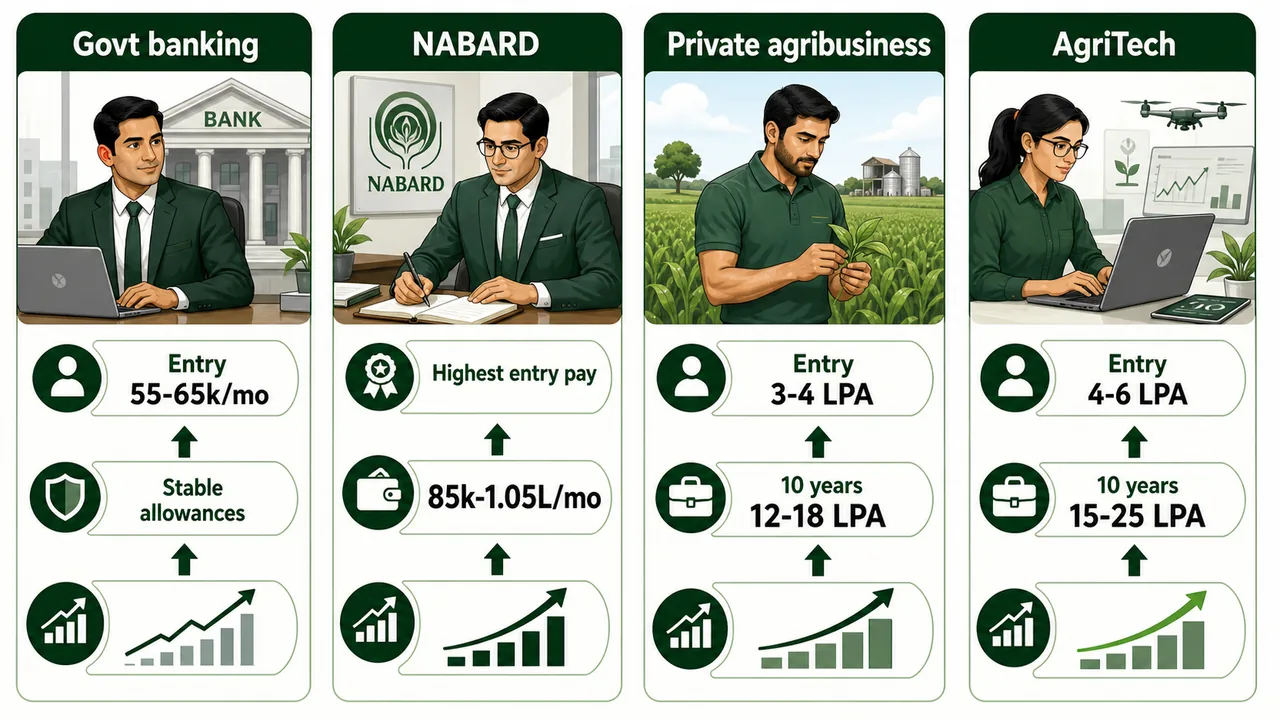 BSc Agriculture salary comparison across government banking, NABARD, private agribusiness, and AgriTech career paths