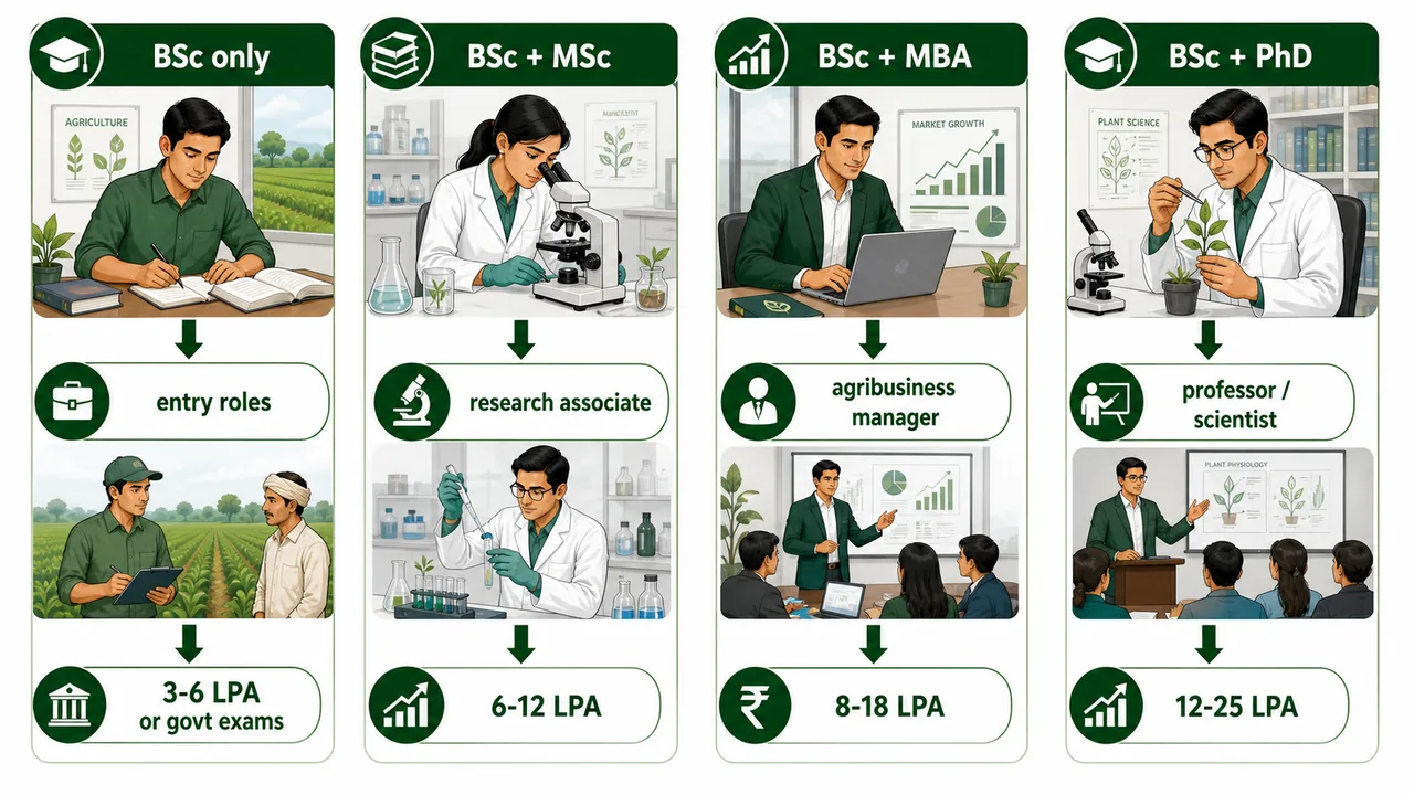 BSc Agriculture higher-education pathways linking BSc, MSc, MBA, and PhD routes to typical roles and salary bands