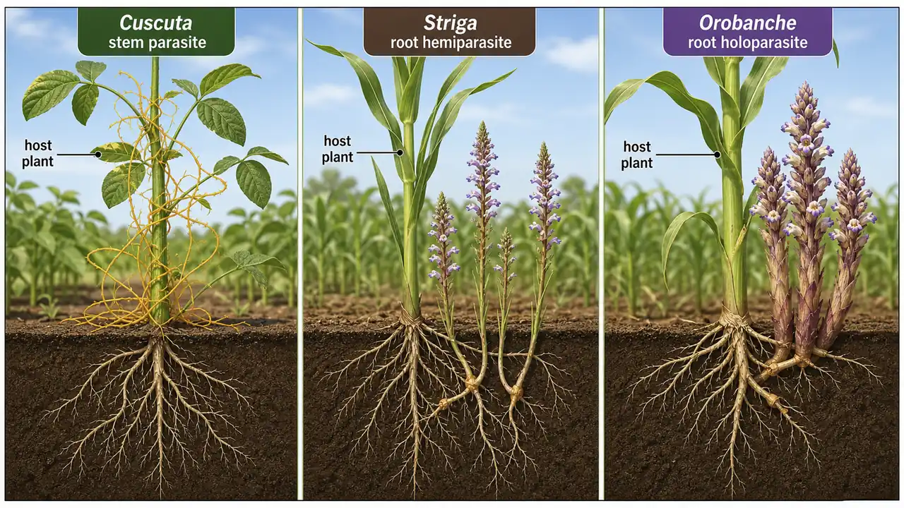 Comparison of cuscuta striga and orobanche showing stem and root host attachment patterns