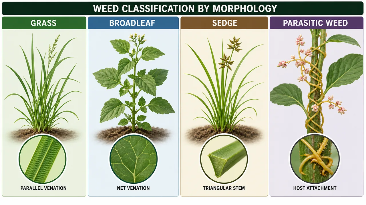 Morphological comparison of grass broadleaf sedge and parasitic weeds with diagnostic traits