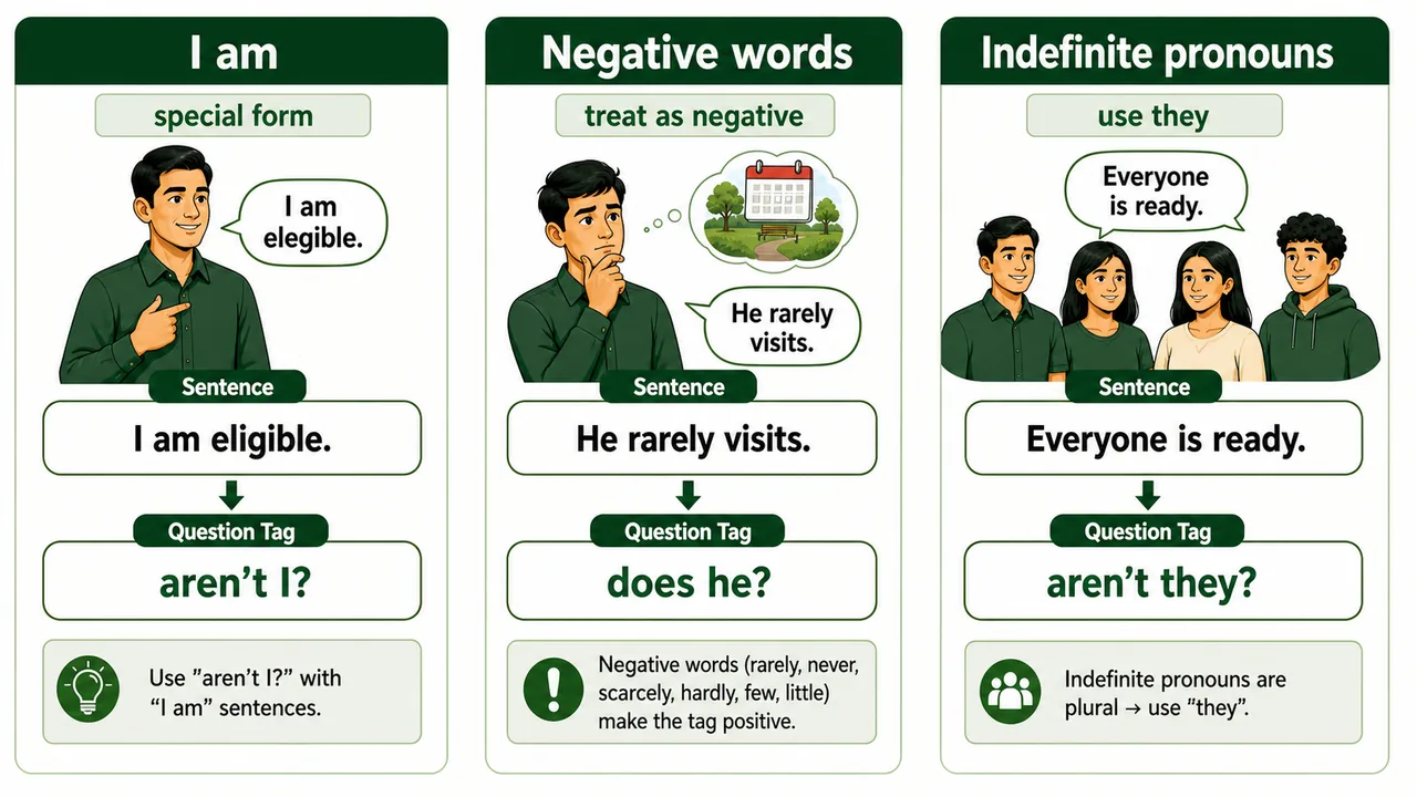 Question tag special cases for I am, negative words such as rarely, and indefinite pronouns such as everyone