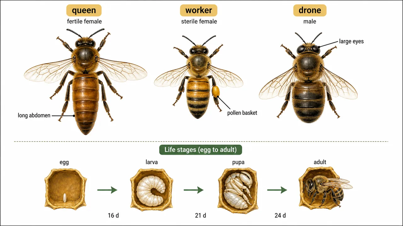 Honey bee queen worker and drone comparison with caste traits and life stages from egg to adult