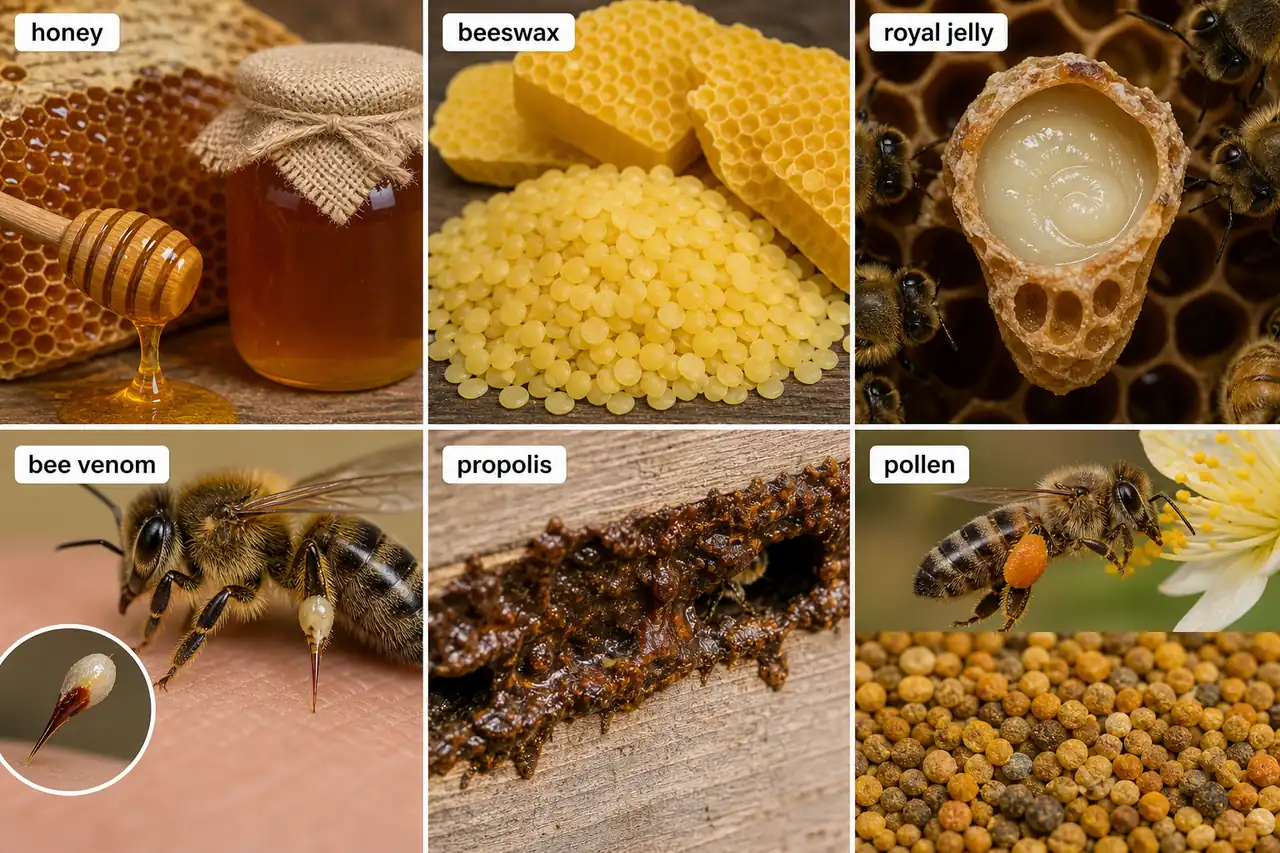 Comparison board of six bee products showing honey, beeswax, royal jelly, bee venom, propolis, and pollen