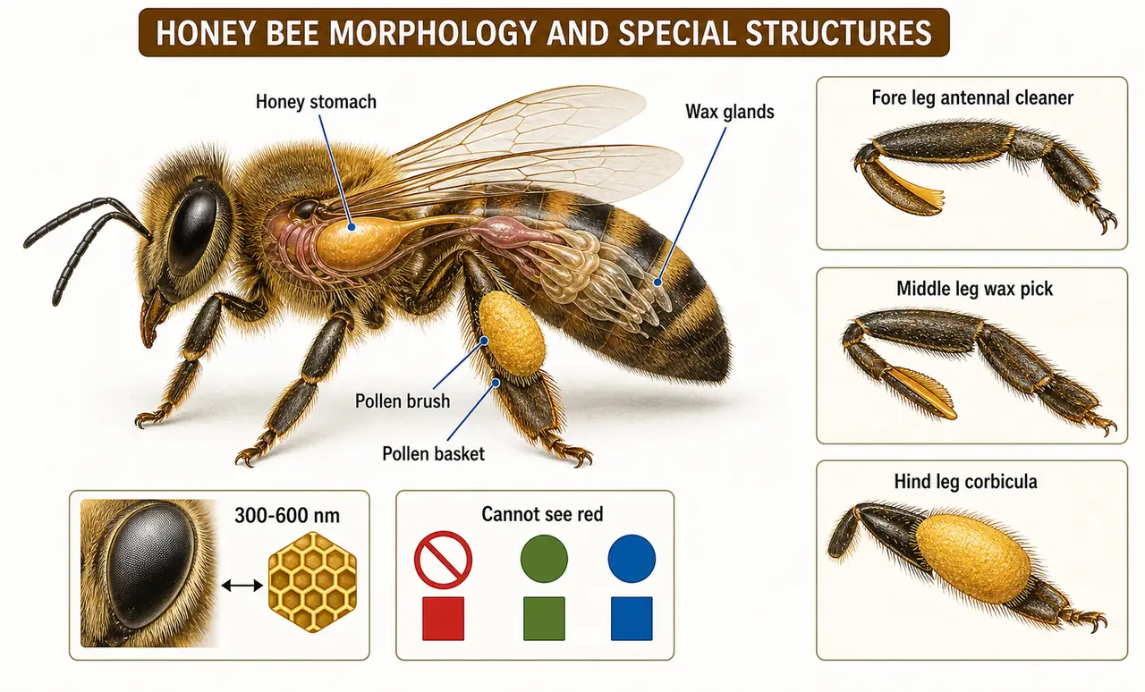 Annotated honey bee morphology showing pollen basket, pollen brush, honey stomach, wax glands, fore leg antennal cleaner, middle leg wax pick, hind leg corbicula, 300 to 600 nanometer vision, and cannot see red