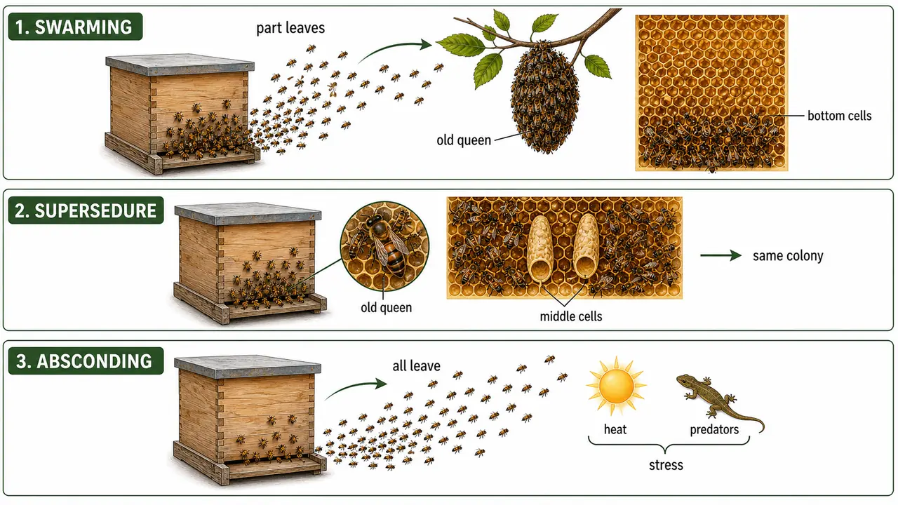 Honey bee swarming supersedure and absconding comparison showing part of colony leaving, middle versus bottom queen cells, and complete colony departure under stress