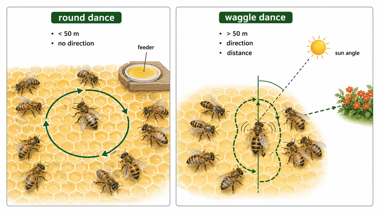 Round dance and waggle dance comparison in honey bees showing short distance versus directional long-distance communication
