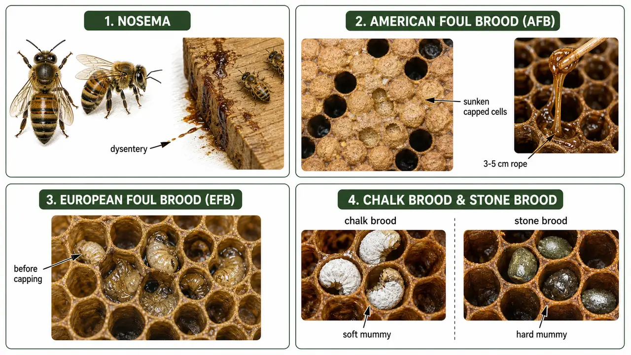 Major honey bee disease comparison showing Nosema, American foul brood, European foul brood, chalk brood, and stone brood with key symptom cues