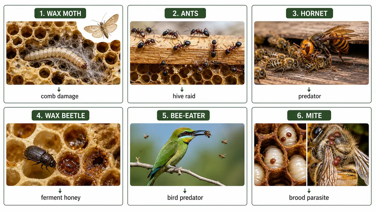 Major honey bee enemies comparison showing wax moths, ants, hornets, wax beetles, bee-eater birds, and mites with their typical damage