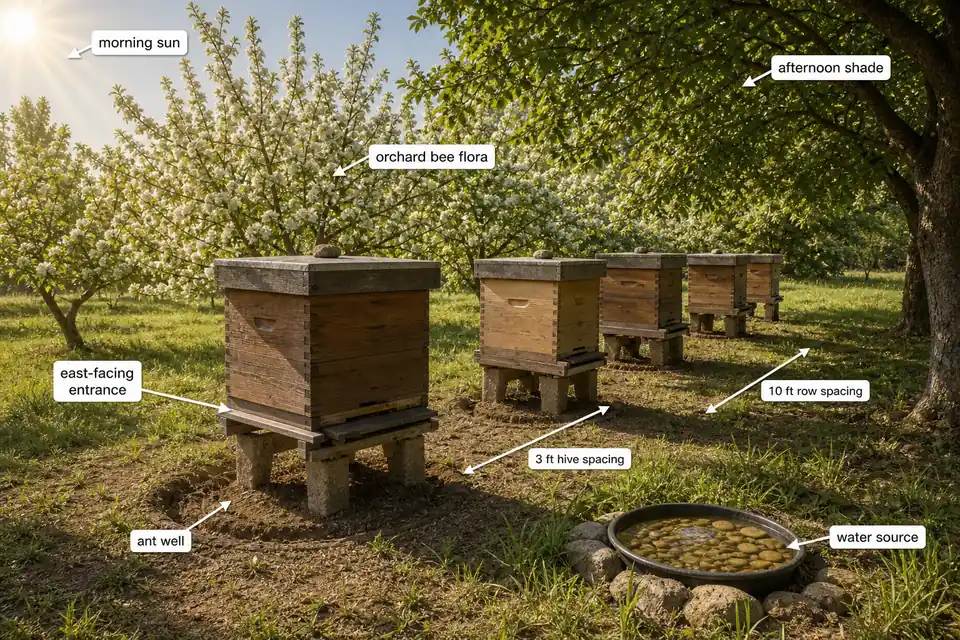 Apiary site layout showing east-facing hive entrances, morning sun, afternoon shade, orchard bee flora, water source, ant wells, and correct hive spacing