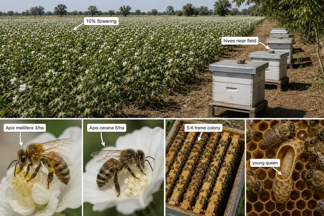 Bee pollination management board showing hives placed near a flowering field, migration at 10 percent flowering, Apis mellifera 3 colonies per hectare, Apis cerana 5 colonies per hectare, 5 to 6 frame colony strength, and a young queen