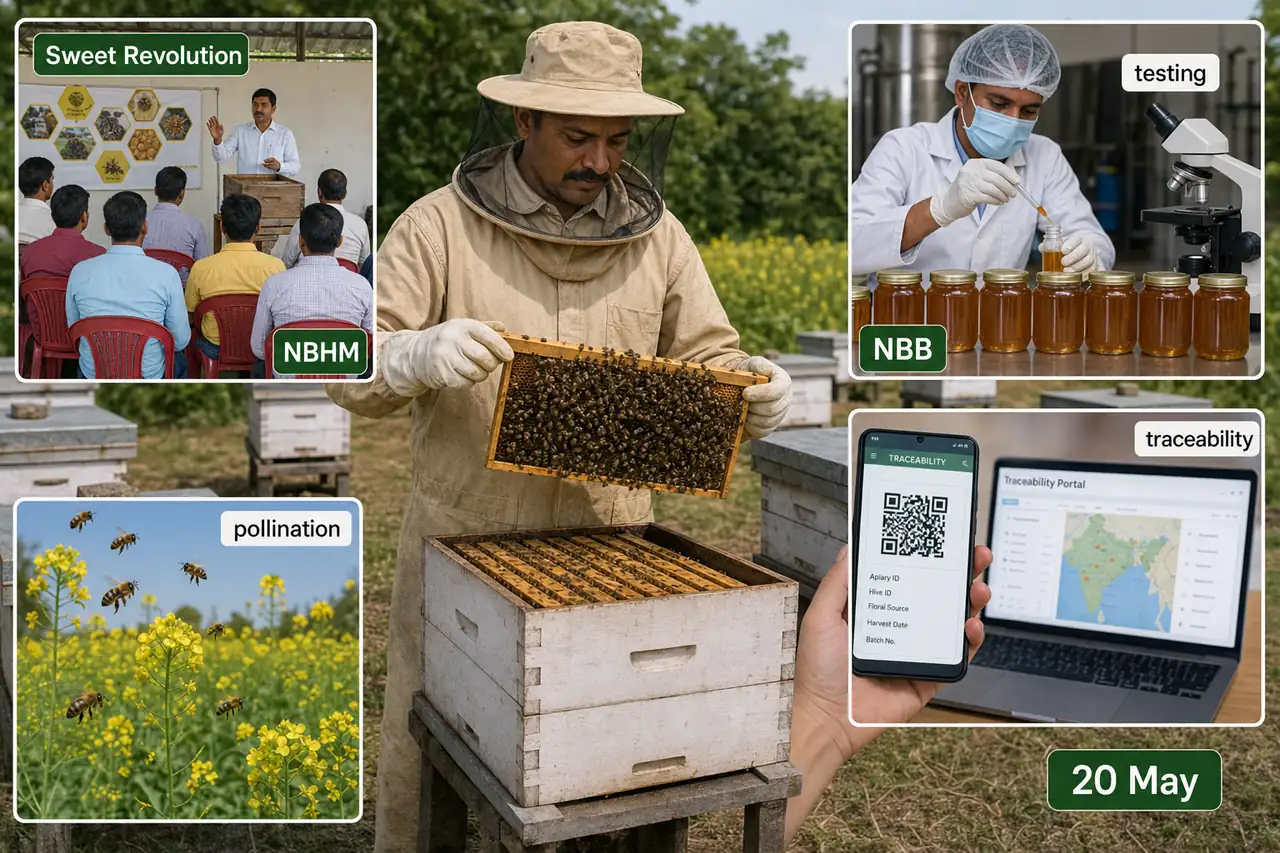 NBHM policy support board showing Sweet Revolution training, NBB honey testing, traceability through Madhukranti-style portal, pollination support, and 20 May World Bee Day cue