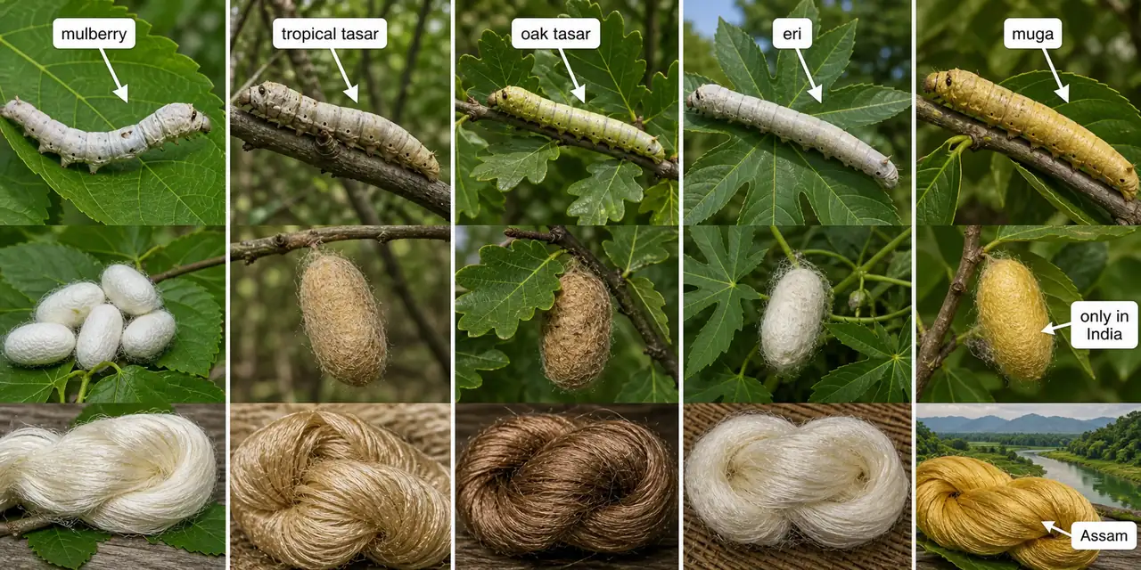 Sericulture production status board comparing mulberry, tropical tasar, oak tasar, eri, and muga silk with the Assam only in India cue for muga