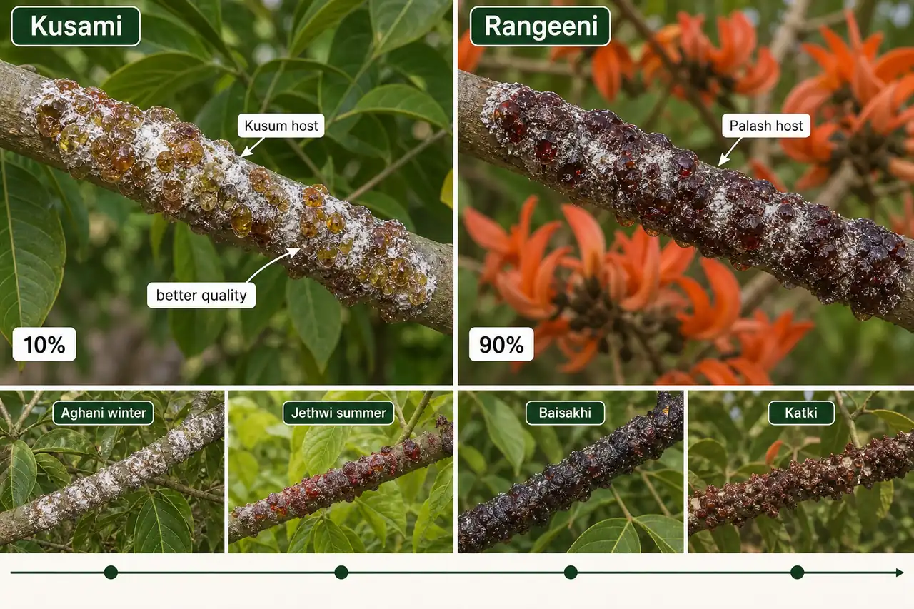 Lac strains comparison board showing Kusami on Kusum host with better quality and 10 percent share versus Rangeeni on Palash host with 90 percent share, plus Aghani, Jethwi, Baisakhi, and Katki season cues