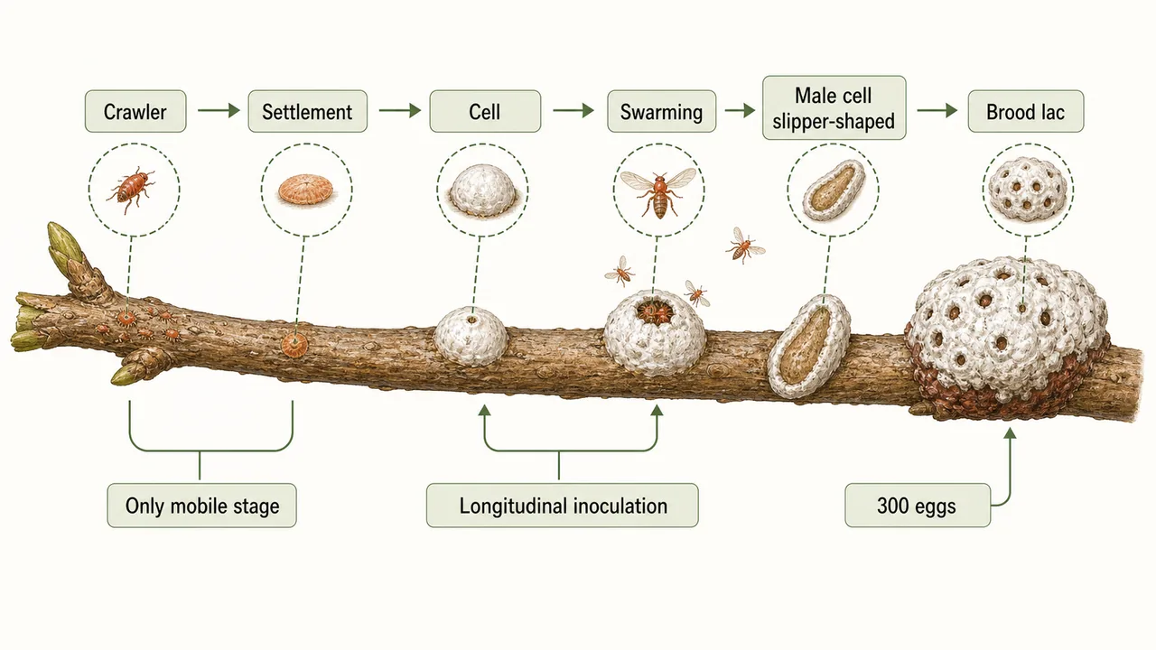 Annotated lac insect life cycle showing crawler, settlement, cell, swarming, male cell slipper-shaped, brood lac, longitudinal inoculation, 300 eggs, and only mobile stage