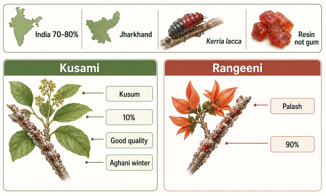 Annotated lac culture overview showing India 70-80 percent, Jharkhand, Kerria lacca, resin not gum, and Kusami vs Rangeeni strain comparison