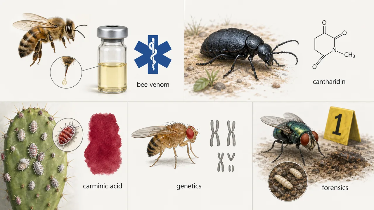 Beneficial insect products and research uses showing bee venom, cantharidin, carminic acid, Drosophila genetics, and blow fly forensics