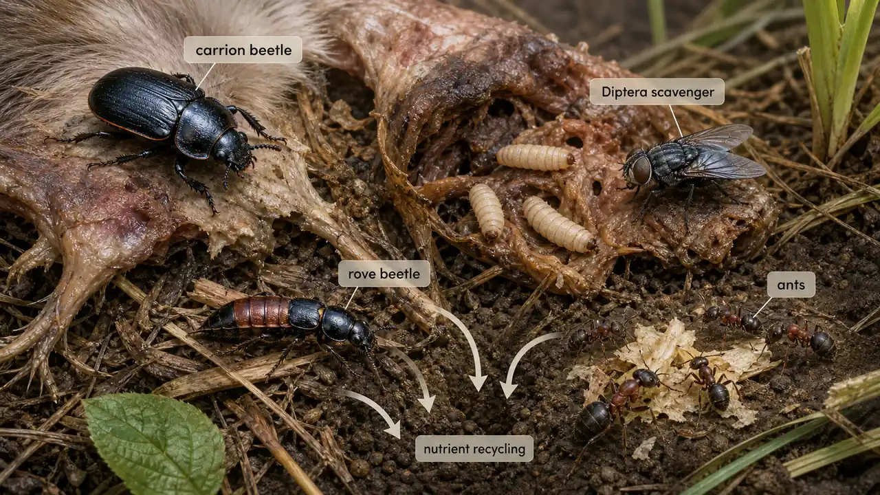 Scavenger insects showing carrion beetle, rove beetle, flies, maggots, and ants recycling dead organic matter